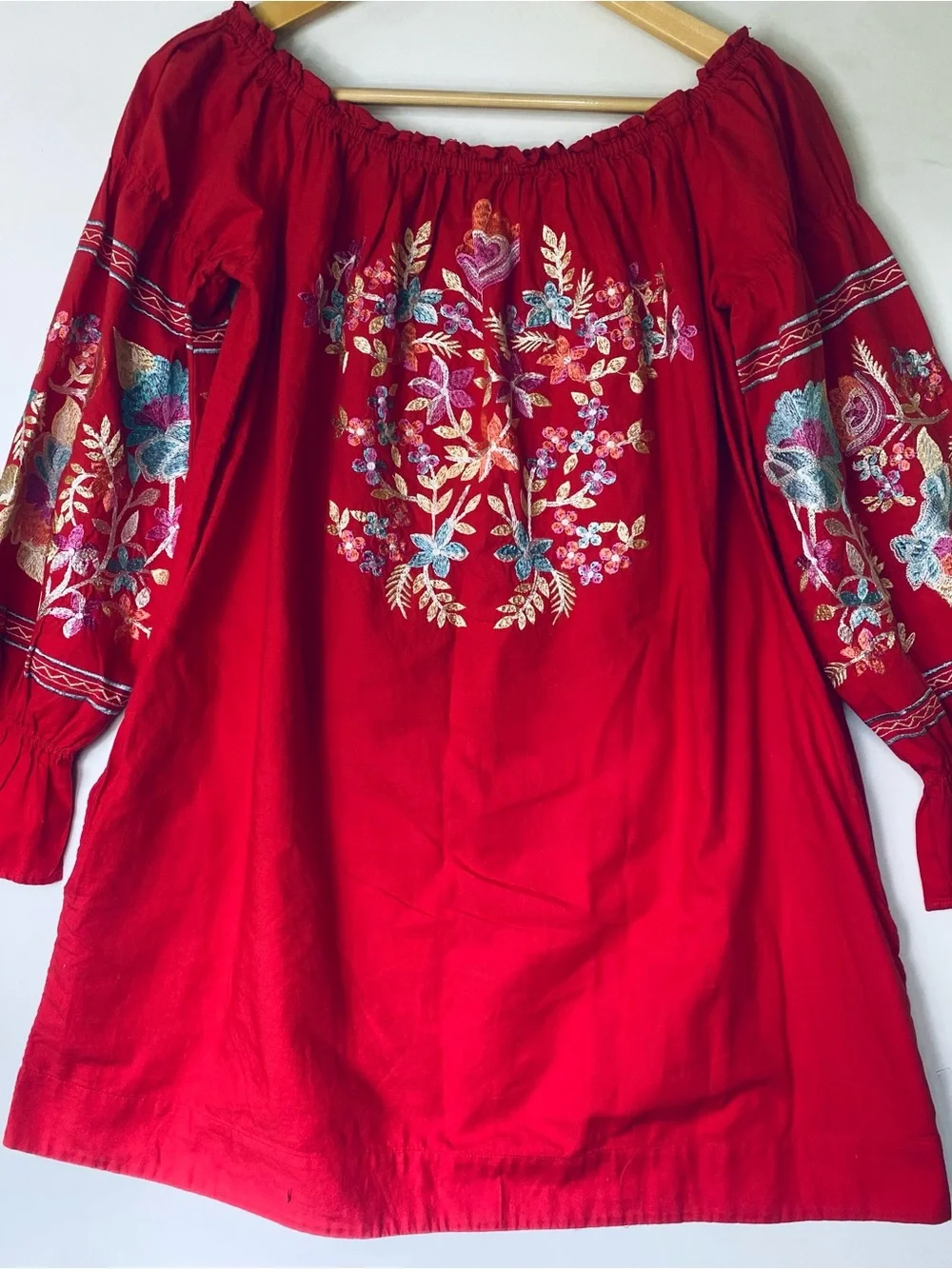 Free People Fleur Du Jour Mini Dress Red Embroidered Off Shoulder Boho Peasant M - Picture 3 of 9